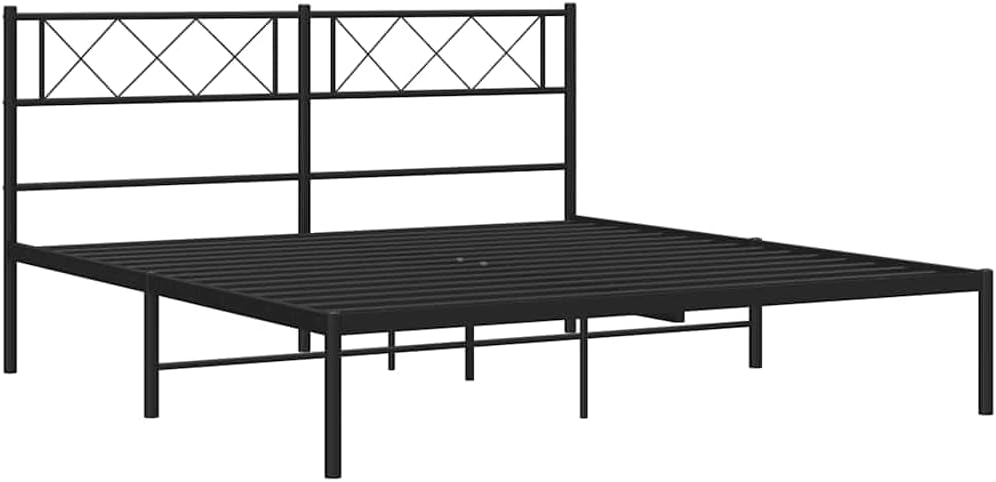 Black Steel King Size Metal Bed Frame with Headboard Modern Minimalist Bedroom Furniture Durable Heavy-Duty Platform Foundation Sturdy Slatted Mattress Support