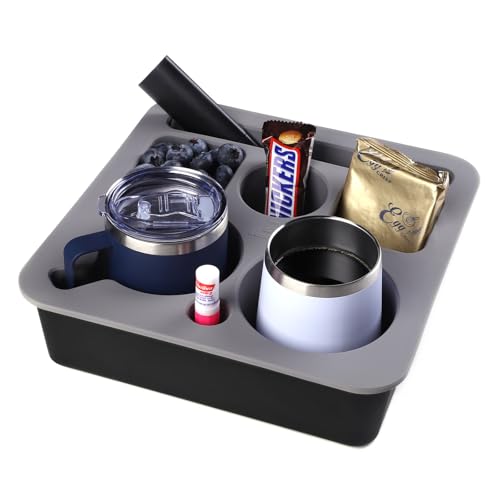 Couch Cup Holder Tray, Bonfixe Stable Couch Caddy for Bed Car Seat, Upgraded Capacity Health-Friendly Silicone Anti-Spill Drink Holder Organizer for Snacks Beverage (Black-Gray)