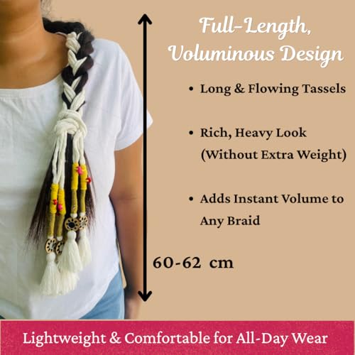 Image of Zippy Flora Neelima Handmade Boho Parandi (Snow White) | Traditional Punjabi Parandi Cotton Hair Accessory with Braid Tassels | Women's Ethnic Hair Extension for Choti, Braids & Patiala Shahi Hairstyles