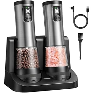 Electric Salt and Pepper Grinder Set – Ceramic Grinder Automatic Pepper Mills with Battery Display Rechargeable Base, Stainless Steel Salt Shakers with 5 Level Adjustable Coarseness for Modern Kitchen