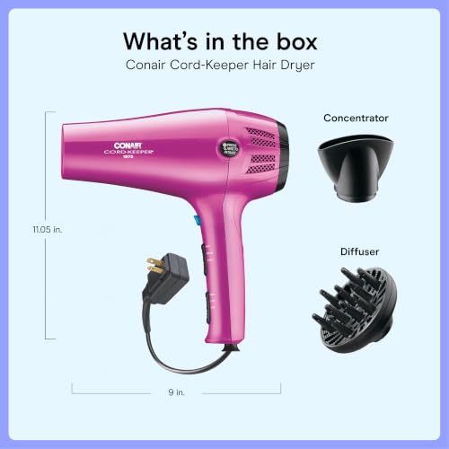 Image of Conair Cord Keeper Hair Dryer | 1875W, Retractable Cord, for Multiple Hair Types, Includes Diffuser and Concentrator, Pink, 209BCX