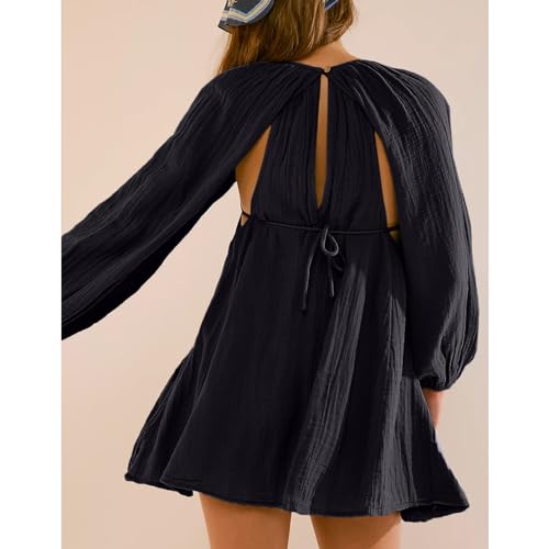 Image of Shiyifa Women's Summer Mini Dress Casual Square Neck Long Sleeves Loose Sundress with Pockets