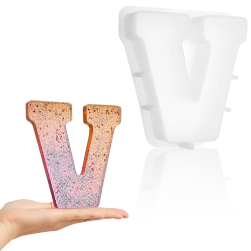 Luxeu Moldes Silicona Alfabeto 3D, 7 inch Letra Grande Moldes para Resina Epoxi, Reutilizable y Lavable, para Bodas Decoración, Hacer Velas, Resina Epoxi Manualidades, Adornos (V)