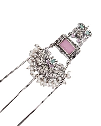 Image of Kashmiri Earrings for Women |Square Stone Fan Chain Earring | Ethnic Oxidised Silver Long Chain for Girls Bridal Festive |Gift for Girls Women