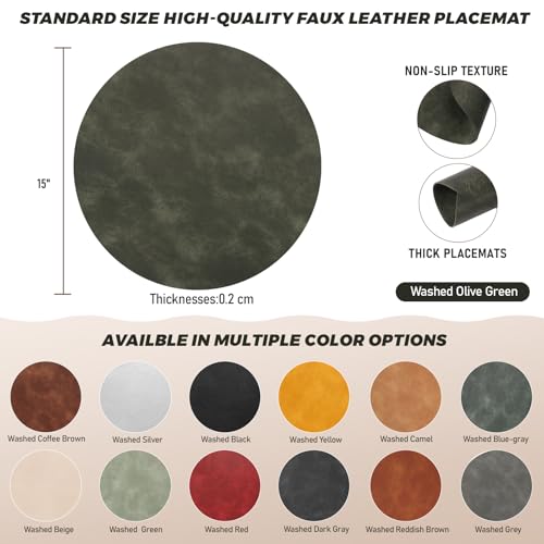 Image of UnivoColors Placemats Round Faux Leather Placemats Set of 8-Waterproof-Wipe Clean-Heat Resistant-Anti Slip Dining Table Place Mats,Suitable for Indoor & Outdoor Use,15 inch.Retro Olive Green