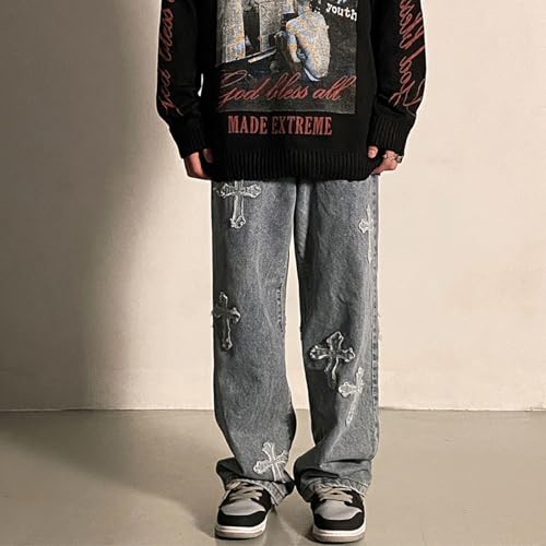 Baggy Jeans Men Streetwear Grunge Y2k Pants Distressed Cross Patch Cloth Frayed Gothic Punk Denim Clothes2