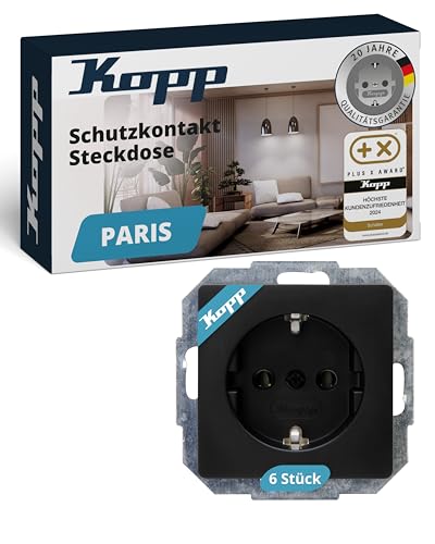 Kopp Paris Profipack, Inhalt: 6 x Schutzkontakt-Steckdose, 1-fach, mit Berührungsschutz, 16A, 250V~, IP20, schwarz, matte Oberfläche, 920750014