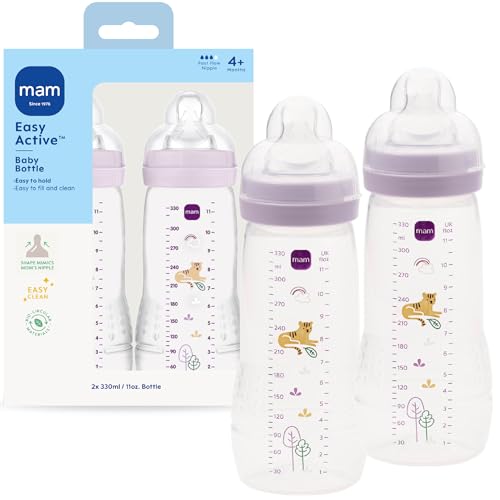 Image of MAM Easy Active Natural Flow Anti-Colic Baby Bottle, 4+ Months, 2 Pack, 11oz, BPA Free, Fast Flow Skin Soft Anti-Colic Silicone Nipple, Anti-Slip Grip, Leak-Proof, Made in Europe, Purple Iris