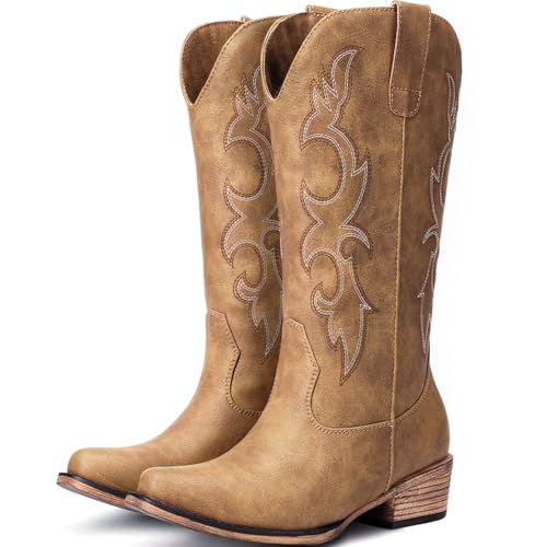 Choiran Tan Cowboy Boots for Women - Embroidered Cowgirl Boots Western Mid Calf Chunky Heel Pointed Toe Country Boot 8