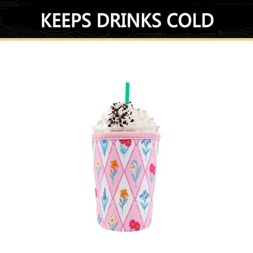 Image of YR Reusable Neoprene Insulator Sleeve for Iced Coffee Cups, 3 Pack Coffee Coolies sleeves for Iced & Hot Drinks, Cold Beverage Cooler Compatible with Starbucks Coffee and More (Diamond Flower)