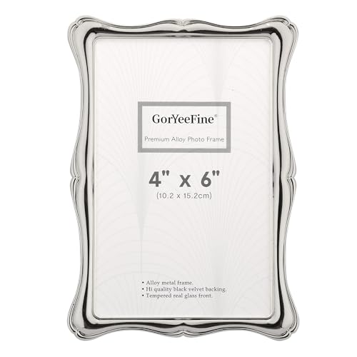 GorYeeFine 4x6 Premium Alloy Silver Photo Frame - Luxury Display with Real Glass and Velvet Backing Hi End Dcor Metal Frames Suitable for Desktop Display and Wall Decor