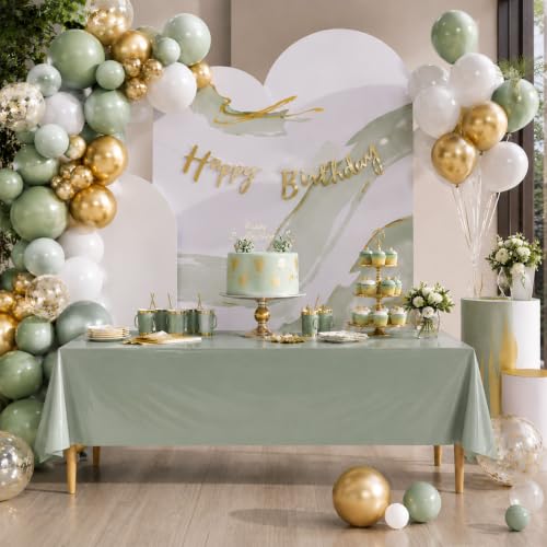 Image of Blue Orchards Sage Green Plastic Table Cover (Pack of 3 with 20 Glue dots) - 54 inch x 108 inch - Sage Green Tablecloth, Waterproof & Disposable Party Supplies, Boho Chic Decorations for Wedding, Baby Shower