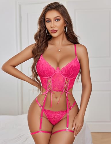 Image of Avidlove Women's Lingerie 4 Piece Garter Lingerie Floral Lace Bra and Panty Sets with Underwire S-XXL