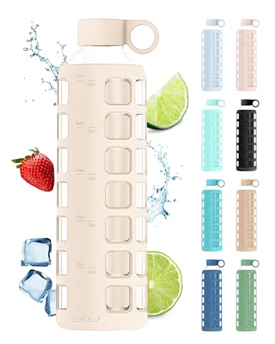 purifyou 40oz / 32oz / 22oz / 12oz Borosilicate Glass Water Bottle with Time & Volume Markers, Silicone Sleeve, Stainless Steel Lid | Reusable Glass Bottle for Water & Juice (32oz Pearled Ivory)