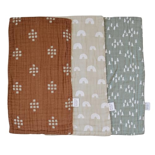 Image of Mebie Baby Burp Cloths, Woods Print 3-Pack, Muslin Burp Cloth Set for Spit Up, Drool, and More, Boho Burp Cloths for Baby Boy and Girl, Baby Must Haves for Registry Lists and Gifts for Newborns
