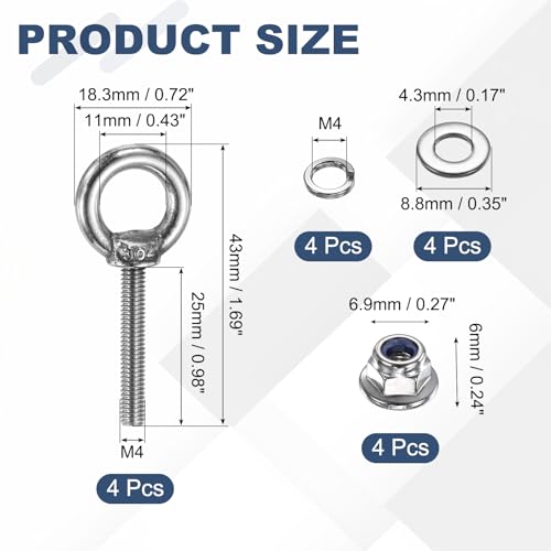Image of PATIKIL M4 x 25mm Shoulder Eye Bolt, 4 Pcs 304 Stainless Steel Lifting Ring Threaded Eye Bolt with Flange Lock Nuts Spring and Flat Washers for Hanging Tie Down Straps Outdoor Indoor