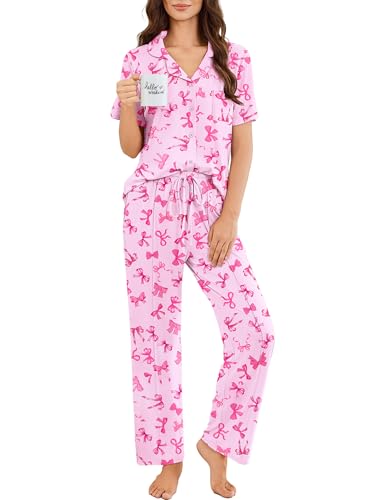 Image of Ekouaer Pajamas for Women Set Button Up Short Sleeve Pjs Sets With Pockets | Soft Womens Sleepwear,V Neck,Notch Collar,2 Piece Classic Loungewear With Long Pant for Sleep,Lounge,Fall