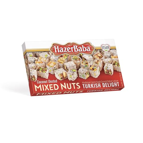 Hazer Baba Turkish Delight Candy, Mixed Nuts & Coconut-Dusted, Gourmet Snack Box, Traditional, Vegan Snack, Turkish Lokum, Sweets, Loukumi, Delicias Turcas, Halal, Kosher, 16oz (454g)