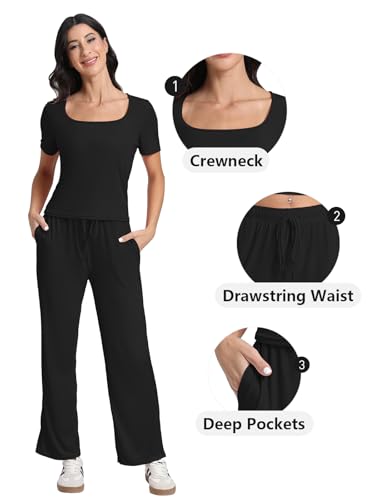 Women's 2 Piece Set Summer Outfits I Lounge Sets Short Sleeve Tops I High Waisted Wide Leg Pants Tracksuit Sets3