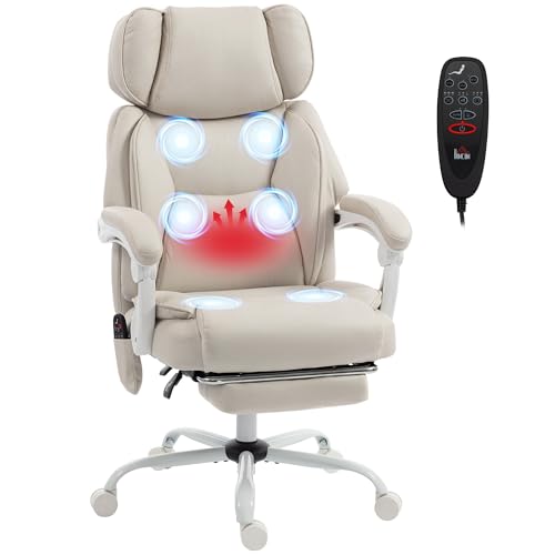 HOMCOM Bürostuhl mit Massagefunktion, Ergonomisch Schreibtischstuhl mit Liege- & Wärmefunktion, Verstellbarer Kopfstütze, Höhenverstellbar Drehstuhl mit Lordosenstütze, Kunstleder Cremeweiß