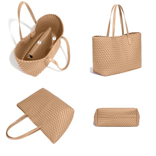 Large Capacity Shoulder Handbag Woven Leather Tote Bag with Matching Pouch Travel Lightweight3