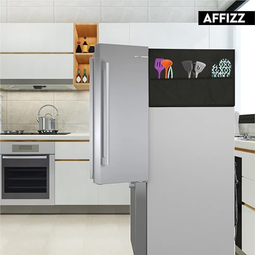 Image of Fridge Cover Top for Double Door Refrigerator - Washable, Water-Resistant Polyester Refrigerator Cover Top with 6 Side Pockets for Kitchen Accessories, Dustproof (Black)