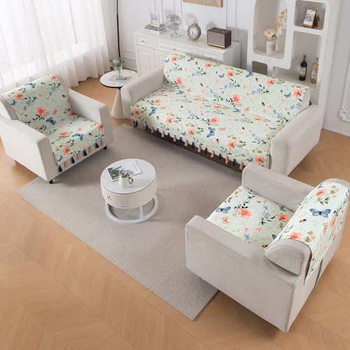 Image of HOKIPO 5 Seater Sofa Cover with Tassel in 3+1+1 Configuration | Full Protection for Seat and Back | Printed Holland Velvet | 'Whispers of Nature' | Pastel Butterfly Meadow (IN-1127+1125-D2*2)