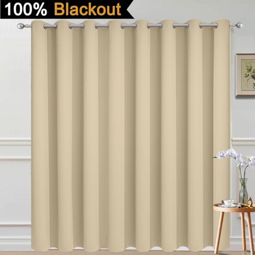 Image of Yakamok 100% Blackout Thermal Insulated Grommet Curtains, Noise Reducing Barrier Panel for Sliding Glass Door, 2 Thick Layers Heat Full Light Blocking Patio Door Drapery, Beige, W100 x L84, 1 Panel