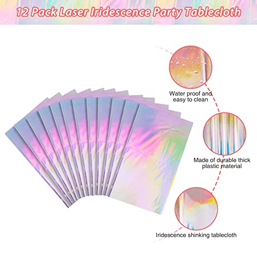 Image of 12 Pack Iridescence Plastic Tablecloths Shiny Disposable Laser Rectangle Table Covers Holographic Foil Tablecloth Iridescent Party Decoration Birthday Bridal Wedding Christmas 54 inch x 108 inch(Laser)