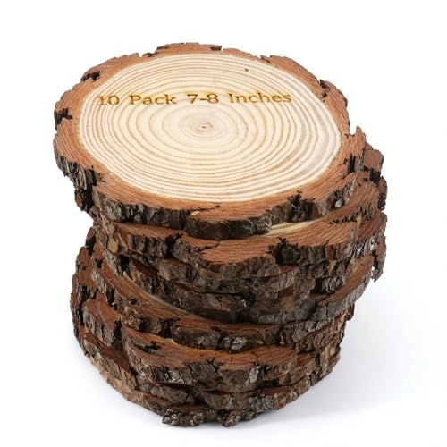 SENMUT 10 Pack Large Wood Slices 7-8 Inches - Natural Unfinished Wood Rounds for Centerpieces Rustic Wedding Table Decor DIY Crafts Christmas Ornaments & Party Platter - Pine Wood Slabs