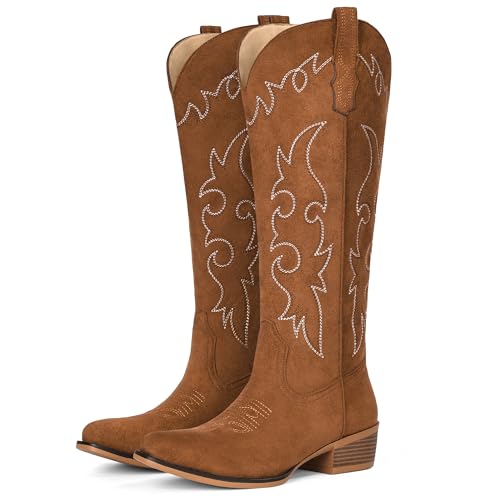 Image of Suede Cowboy Boots for Women Knee High Western Cowgirl Boots | Pointed Toe Low Heel Classic Embroidered Boot