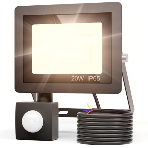 20W Foco LED Exterior con Sensor de Movimiento, IP65 Impermeable Foco Proyector LED Exterior, 3000K Blanco Cálido Floodlight para Casa, Garaje, Patio, Terraza, Campo