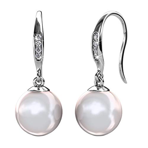 Cate & Chloe Betty 18k White Gold-Plated Pearl Drop Earrings | Freshwater Pearl Earrings with Crystals | Dangle Jewelry for Women | Romantic Gifting for Her on Valentine’s Day, Birthdays, Anniversary