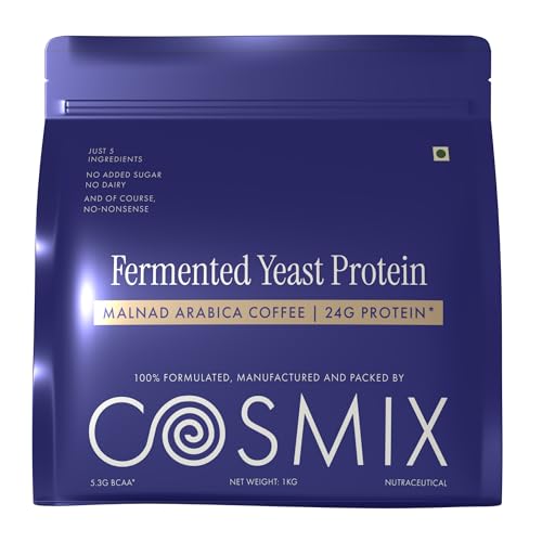 Image of Cosmix Fermented Yeast Protein Powder | 24g Protein | Pure Single-Source Plant Protein | Made In-House | Smooth, Crazy tasty & Gut-Friendly | Malnad Arabica Coffee, 1Kg Pouch