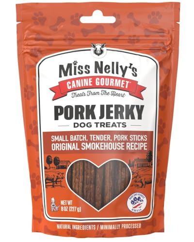 Miss Nellys- All Natural Pork Jerky Dog Treats Made in USA Only-Original Smoke House Recipe-Minimally Processed Soft Sticks Dog Jerky Treats-8 oz. Bags