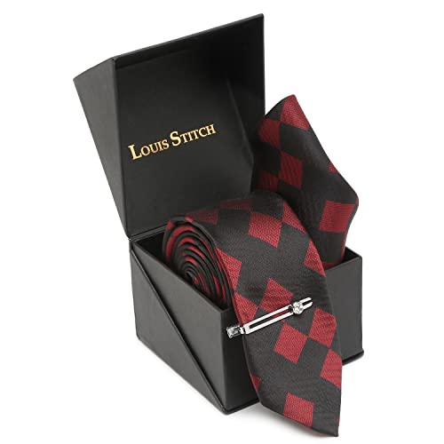 Image of LOUIS STITCH Mens Black Italian Silk Necktie Set Incl Pocket Square Chrome Tiepin American Style Formal Tie Gift Set for Men (TECPBL-#)