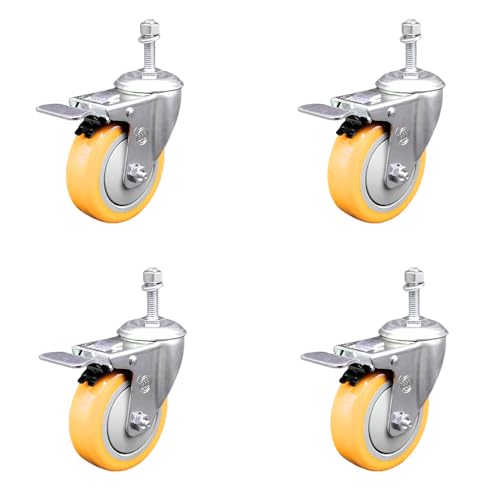 Stainless Steel Polyurethane Swivel Threaded Stem Caster Set of 4 w/4