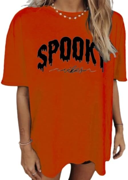 Halloween Shirts for Women Spooky Season Shirt Graphic Letter Print Oversized T Shirt Vintage Short Sleeve Tees Tops