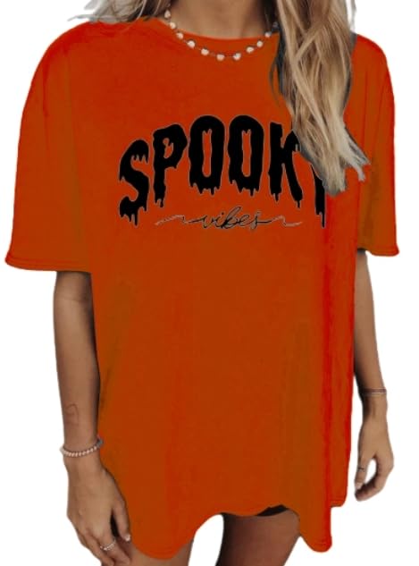 Halloween Shirts for Women Spooky Season Shirt Graphic Letter Print Oversized T Shirt Vintage Short Sleeve Tees Tops