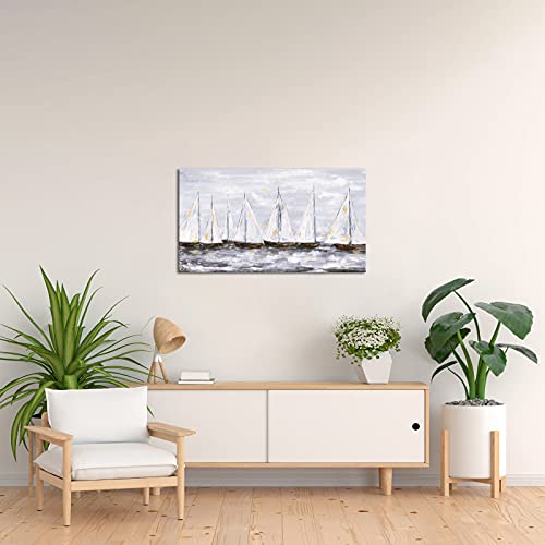 Duobaorom Large Sail Boat Picture Painting Wall Art Abstract Sailboats Ocean Seascape Grey And Gold Nautical Artwork For Bedroom Office Home Decor Stretched And Framed Ready To Hang 20X36Inch #TOP2