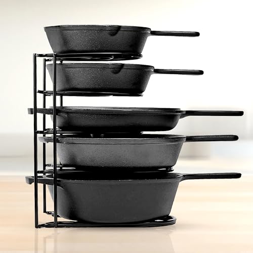Image of Livzing 5 Tier Pan Rack Organizer for Kitchen | Heavy Duty Metal Pot & Pan Stand | Space Saving Cookware Holder for Tawa, Frying Pan, Kadai | Cabinet & Countertop Storage Rack (Black, 30.5x20x23 cm)