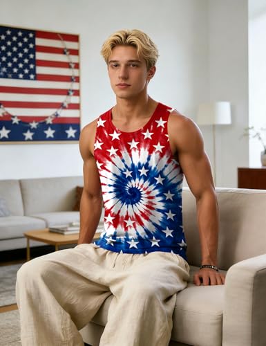 Image of Ithalt USA Tank Top Men 4th of July Patriotic Sleeveless American Flag Workout Shirt Summer Beach Independence Day