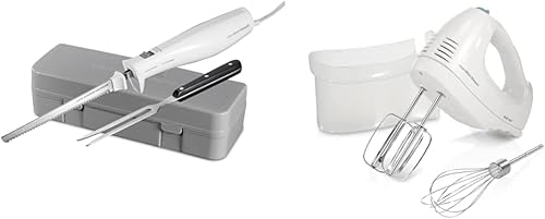 Hamilton Beach Cuchillo eléctrico, batidora de mano eléctrica blanca y de 6 velocidades con batidor, batidores tradicionales, estuche de