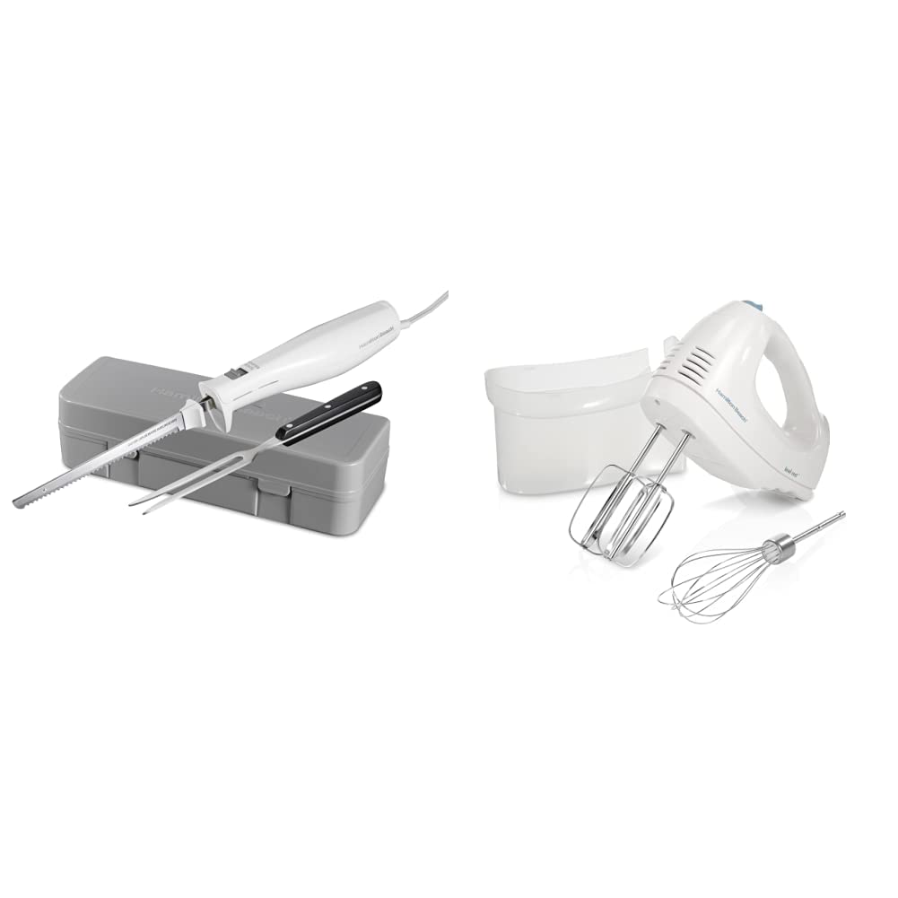 Hamilton Beach Electric Knife White 6-Speed Electric Hand Mixer with Whisk Traditional Beaters Snap-On Storage Case White