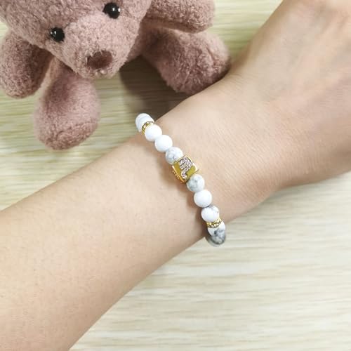 Image of Inlaid Zircon 12 Constellation Adjustable Stretch Bracelet - 6mm Frosted White Turquoise Beaded Bracelets for Women Men SJYA4647
