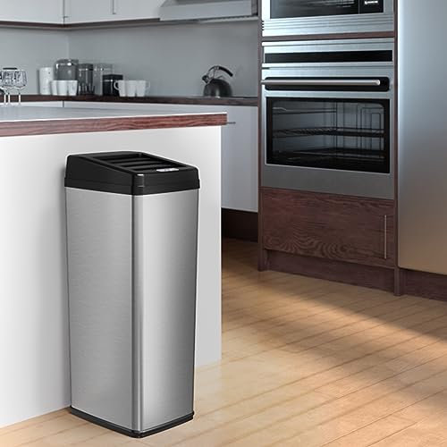 Image of iTouchless 14 Gallon Slide Open Lid Kitchen Trash Can with, Motion Sensor Stainless Steel Rectangular Trashcan for Home Office Work Bedroom Living Room Garage Large Capacity Slim Wastebasket, Silver