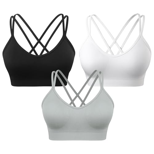 Image of VEQKING Strappy Cross Back Women Sports Bra Pack for Medium Support Workout | Removable Padded Cups, Spaghetti Strap, Comfort Seamless Wirefree, Soft Breathable Fabric, for Gym /Yoga /Pilates /Walking /Daily