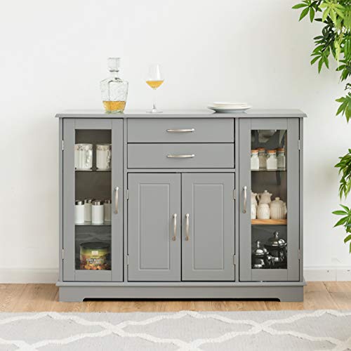 Giantex Sideboard Buffet Server Storage Cabinet W/ 2 Drawers, 3 Cabinets And Glass Doors For Kitchen Dining Room Furniture Cupboard Console Table (Gray) #TOP7