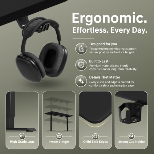 Image of V ONE Electric Standing Desk | Compact 1-Piece Top | 70Kg Weight Capacity | 3 Memory Preset | 5 Year Warranty | Built-in Cup & Headphone Holder | Home Office (Black, 100 * 60 CM)