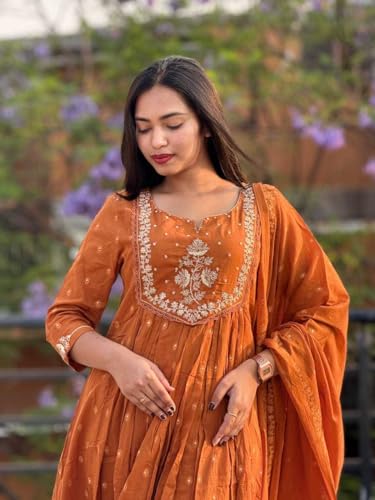Image of Women's Cotton Embroidery Anarkali Kurti and Pant with Dupatta Set